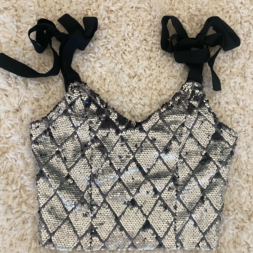 Gianni Bini GB Sequin Embellished Black and Silver Women's Top